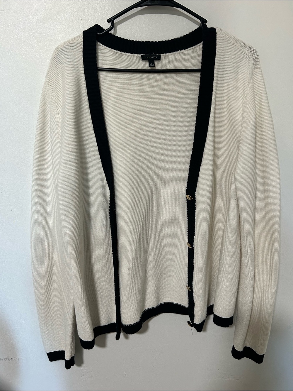 Talbots Black & White Contrast Trim Cardigan Sweater Gold Crest Buttons Large